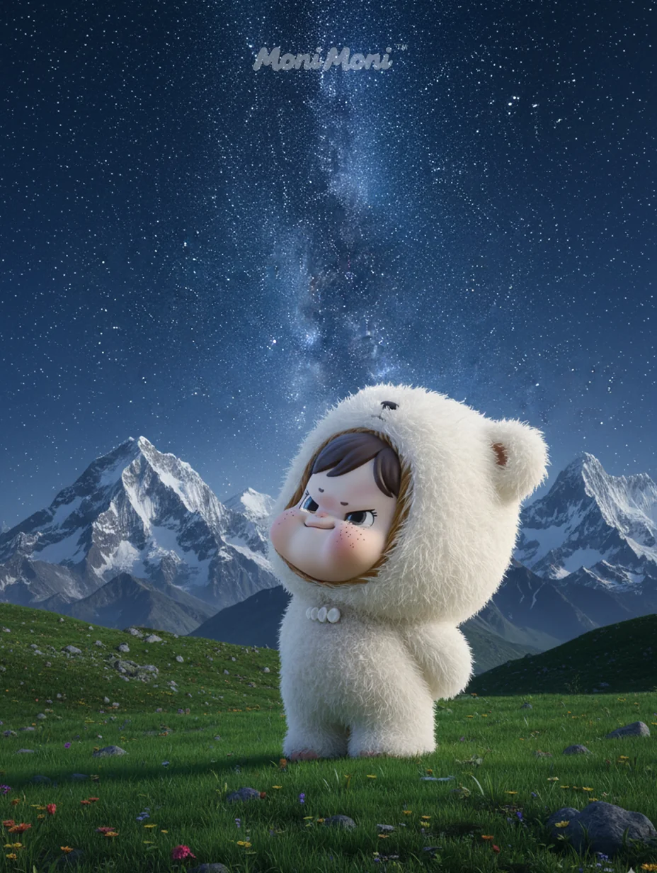 白色Bling崽站在雪山与星空下